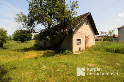 Duża działka z drewnianym domkiem i budynkiem gosp