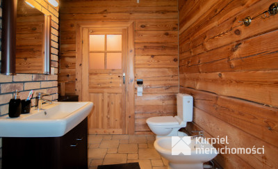 Dom z pełnego bala z zarybionym stawem