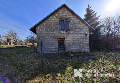 Drewniana chata z działką i zabudowaniami