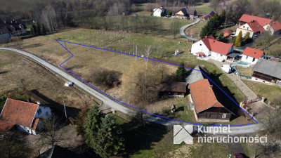 Drewniana chata z działką i zabudowaniami