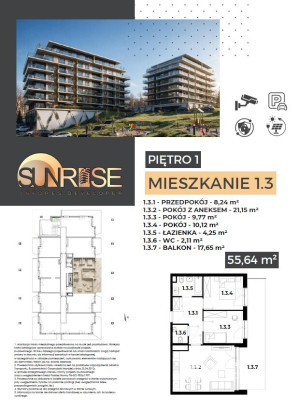 Sunrise Park | Mieszkanie nr 1.3 | 3 pokoje 55,64 m2 + balkon |