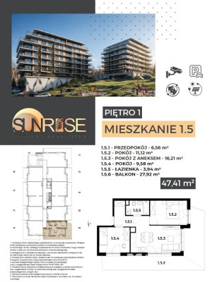 Sunrise Park | Mieszkanie nr 1.5 | 3 pokoje 47,41 m2 + balkon |