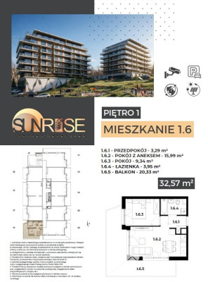 Sunrise Park | Mieszkanie nr 1.6 | 2 pokoje 32,56 m2 + balkon |