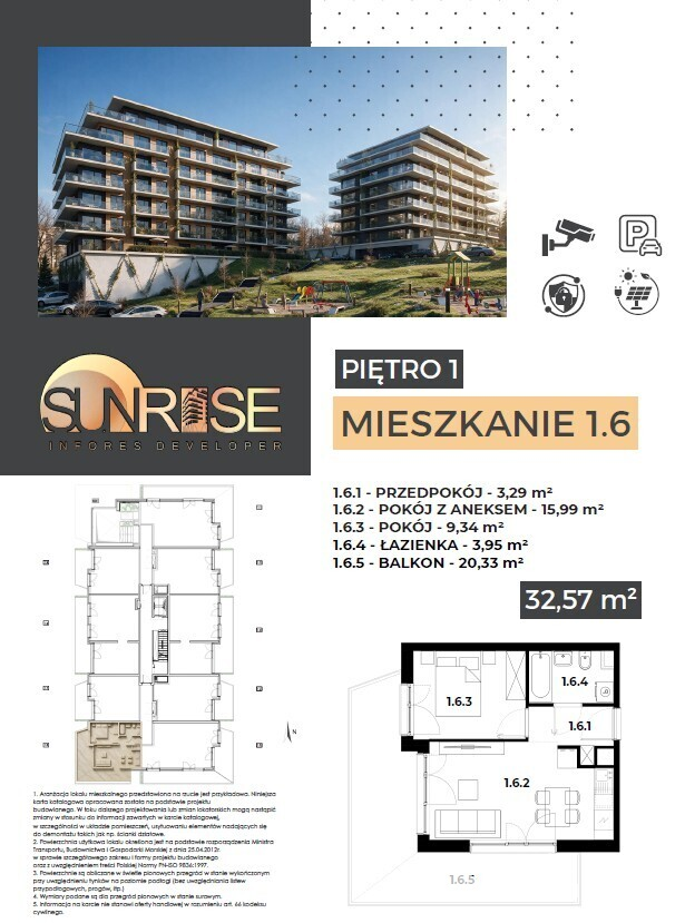 Sunrise Park | Mieszkanie nr 1.6 | 2 pokoje 32,56 m2 + balkon |