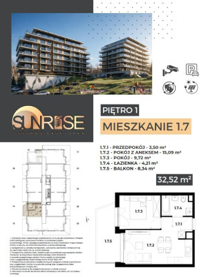 Sunrise Park | Mieszkanie nr 1.7 | 2 pokoje 32,52 m2 + balkon |