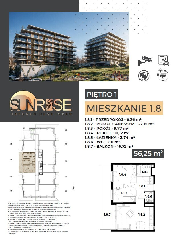 Sunrise Park | Mieszkanie nr 1.8 | 3 pokoje 56,26 m2 + balkon |