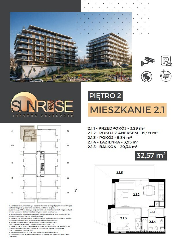 Sunrise Park | Mieszkanie nr 2.1 | 2 pokoje 32,56 m2 + balkon |