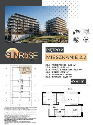 Sunrise Park | Mieszkanie nr 2.2 | 3 pokoje 47,42 m2 + balkon |