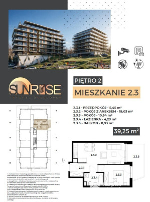 Sunrise Park | Mieszkanie nr 2.3 | 2 pokoje 39,25 m2 + balkon |