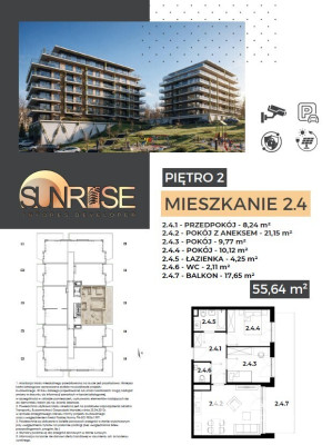 Sunrise Park | Mieszkanie nr 2.4 | 3 pokoje 55,64 m2 + balkon |