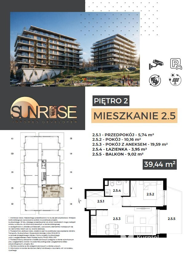 Sunrise Park | Mieszkanie nr 2.5 | 2 pokoje 39,43 m2 + balkon |
