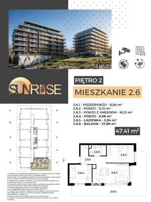Sunrise Park | Mieszkanie nr 2.6 | 3 pokoje 47,42 m2 + balkon |