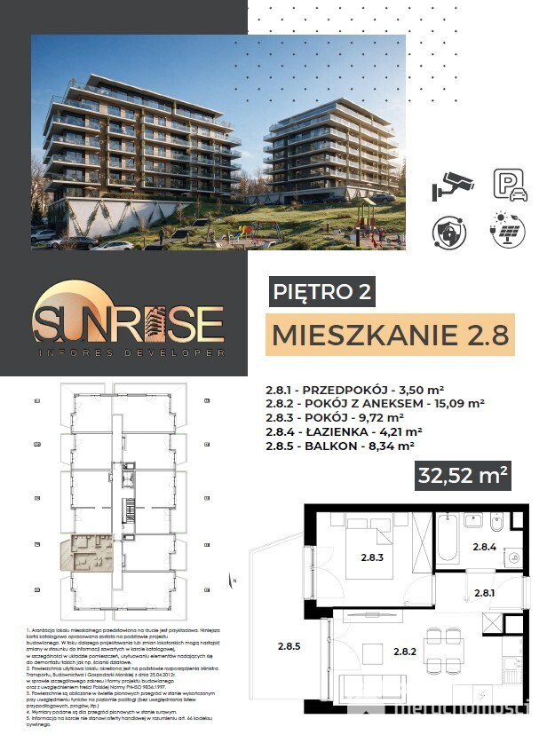Sunrise Park | Mieszkanie nr 2.8 | 2 pokoje 32,52 m2 + balkon |