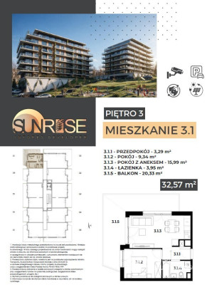 Sunrise Park | Mieszkanie nr 3.1 | 2 pokoje 32,56 m2 + balkon |
