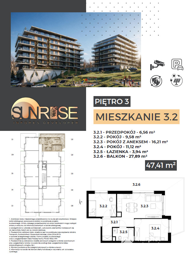 Sunrise Park | Mieszkanie nr 3.2 | 3 pokoje 47,42 m2 + balkon |