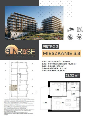 Sunrise Park | Mieszkanie nr 3.8 | 2 pokoje 32,52 m2 + balkon |