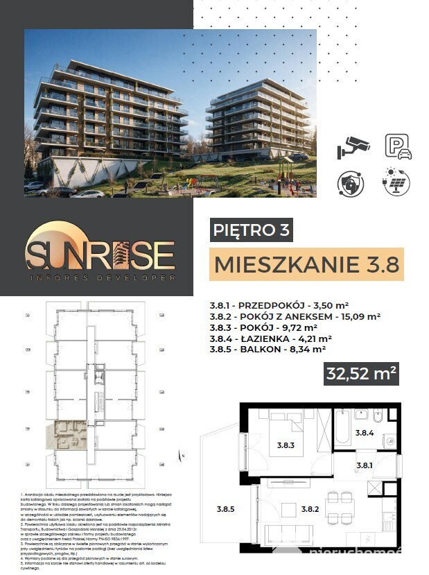 Sunrise Park | Mieszkanie nr 3.8 | 2 pokoje 32,52 m2 + balkon |