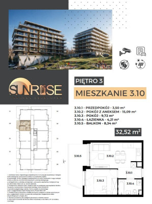 Sunrise Park | Mieszkanie nr 3.10 | 2 pokoje 32,52 m2 + balkon |